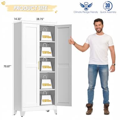 GAIOUS 71" Tall Metal Storage Cabinet with 2 Doors and 4 Adjustable Shelves, Kitchen Pantry Cabinet White Freestanding Cupboard, 5 Tier Multifunctional Steel Storage for Office, Kitchen, Dining Room - Image 2