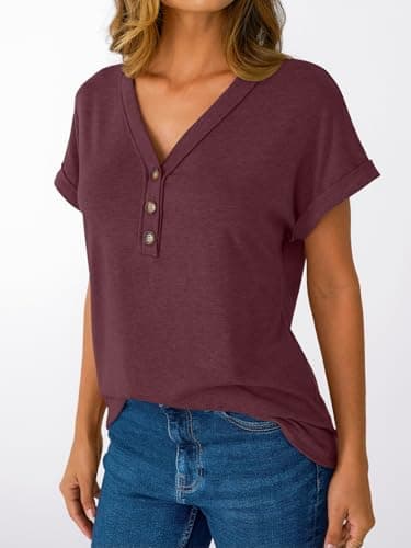 AUTOMET Short Sleeve V Neck T Shirts Womens 2025 Summer Spring Fashion Business Casual Dressy Cute Lightweight Loose Fit Work Tshirts Ladies Blouses Henley Tops Clothes Outfits Clothing Wine - Image 3