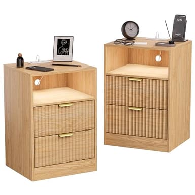 Wodeer LED Nightstand with Charging Station, Fluted Nightstand Set of 2, Wood Nightstands with 2 Drawers & Metal Handles, Modern Bedside Table & End Tables, Farmhouse Night Stands for Bedroom, Natural - Image 9