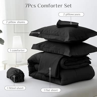 JOLLYVOGUE California King Comforter Set, Ultra-Soft Bed in a Bag Cal King Size 7 Pieces, Oeko-TEX Certified Bedding Set with Down Alternative Comforter, Sheets, Pillowcases & Shams, Black - Image 5