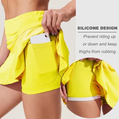 Ekouaer Tennis Skirt for Women Quick Dry Athletic Skorts with Pocket Pleated Golf Pickleball Skort High Waisted Active Cheer Skirts Light Yellow - Image 2