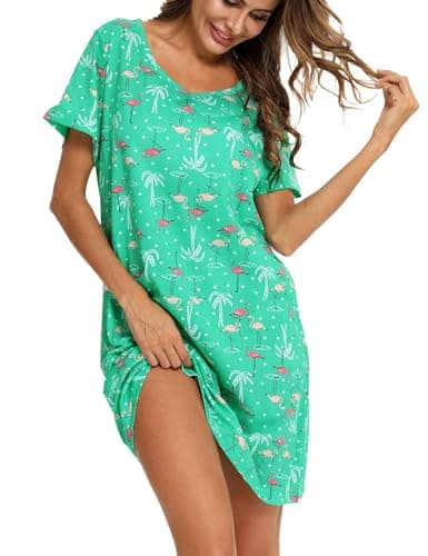 ENJOYNIGHT Womens Nightgowns Cotton Sleepwear Plus Size Sleep Shirts Short Sleeves Nightshirt Print Sleepshirt (4X-Large, Flamingo) - Image 1