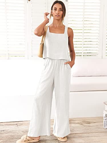 ANRABESS Women's 2 Piece Outfits Linen Pants Jumpsuit Matching Lounge Set Casual Summer Beach Vacation Trendy Clothes White Small - Image 8