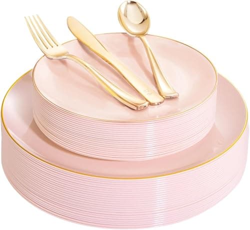YOUBET 125PCS Pink Plastic Plates - Pink Disposable Plates With Gold Rim - Pinks and Gold Plates Include 25 Dinner Plates, 25 Dessert Plate, 75 Cutlery for Party Wedding Birthday - Image 1