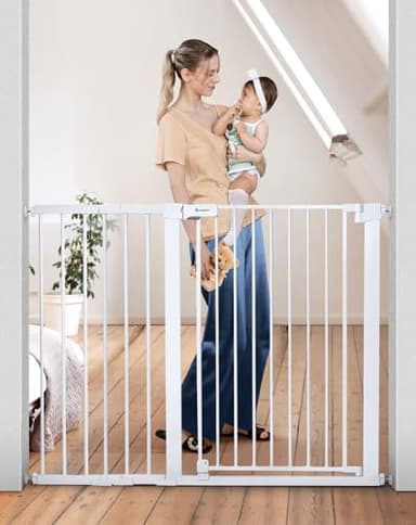 COMOMY 36" Extra Tall Baby Gate for Stairs Doorways, Fits Openings 29.5" to 48.8" Wide, Auto Close Extra Wide Dog Gate for House, Pressure Mounted Easy Walk Through Pet Gate with Door, White - Image 1