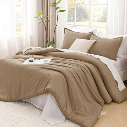 Litanika Comforters Taupe Super King Size, 3 Pieces Lightweight Solid Bedding Set & Collections, All Season Fluffy Bed Set (120x120In Comforter & 2 Pillowcases) - Image 1