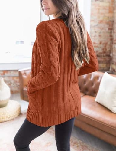 MEROKEETY Women's 2025 Fall Long Sleeve Cable Knit Cardigan Sweater Open Front Button Loose Outerwear Rust - Image 2