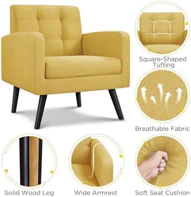 Yaheetech Mid-Century Accent Chairs, Modern Upholstered Living Room Chair, Cozy Armchair Button Tufted Back and Wood Legs for Bedroom/Office/Cafe, Yellow - Image 6
