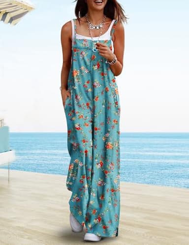 YESNO Women's Summer Boho Casual Jumpsuits Wide Leg Overalls Floral Print Baggy Rompers with Pockets L PZZCR 14 - Image 2
