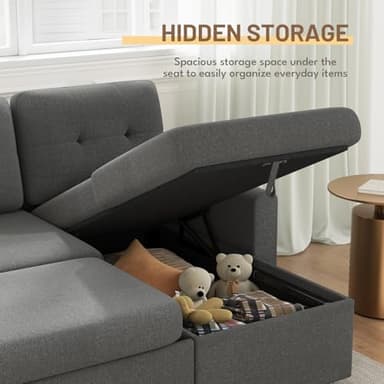 IULULU Sleeper Sofa, L Shaped Sectional Couch with Pullout Bed, Reversible Storage Chaise, 2 in 1 Pull Out Couches for Living Room, Apartment, Medium Grey - Image 3