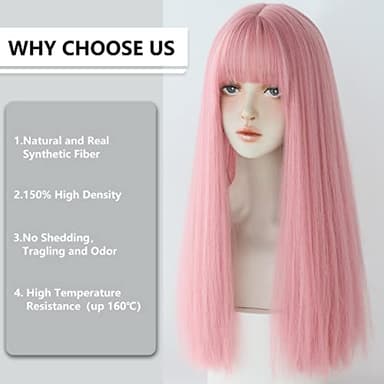 7JHH WIGS Light Pink Wig With Bang Straight Wig For Women Synthetic Neon Pink Wig Colorful Cosplay Wigs For Party And Daily Use(23" Light Pink - Image 5