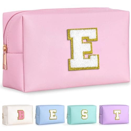 TOPEAST Initial Makeup Bag, Birthday Gifts for 4 5 6 7 8 9 10 11 12 Year Old Girls, Personalized Preppy Cosmetic Bag | Leather Toiletry Bag | Gifts for Teen Girls Kids (Pink E) - Image 1