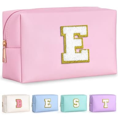 TOPEAST Initial Makeup Bag, Birthday Gifts for 4 5 6 7 8 9 10 11 12 Year Old Girls, Personalized Preppy Cosmetic Bag | Leather Toiletry Bag | Gifts for Teen Girls Kids (Pink E) - Image 1