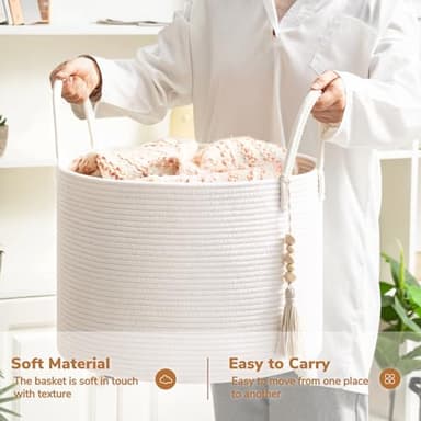 Goodpick Large Laundry Basket Decorative White Basket for Blankets, Baby Storage Basket for Nursery, Living Room, Bedroom, Big Rope Hamper 17.7 x 12.6 Inches, White - Image 4