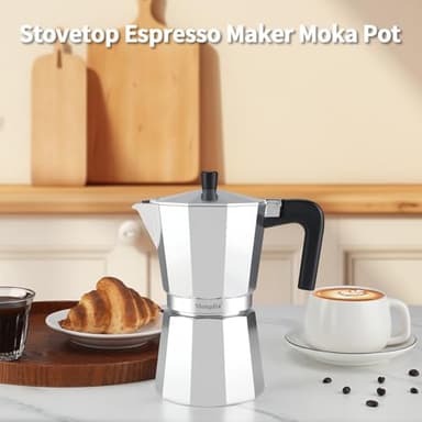 Mongdio Stovetop Espresso Maker Moka Pot, Stove Top Cuban Coffee Maker, Italian Greca Mocha Pot, 9 Espresso Cups, 15 oz - Silver - Image 7