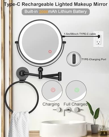 TOLOYE Height Adjustable Wall Mounted Makeup Mirror, Rechargeable Lighted Makeup Mirror 8 Inch Double Sided 1X/10X Magnifying Vanity Mirror with 3 Color Lights Dimmable 360 Swivel Extendable Arm - Image 2