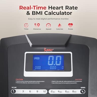 Sunny Health & Fitness Premium Smart Treadmill with Auto Incline, Dedicated Speed Buttons, Double Deck Technology, Digital Performance Display, BMI Calculator and Pulse Sensors - SF-T7515SMART - Image 5