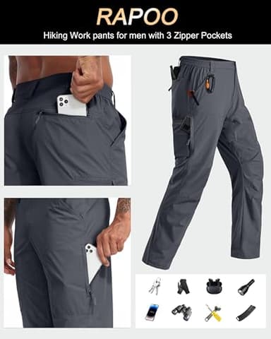 Rapoo Hiking Pants for Mens with Pockets Comfy Lightweight Waterproof Quick Dry Travel Track Outdoor Summer Camping Thin Fishing Work Cargo Pants Grey 40Wx30L - Image 5