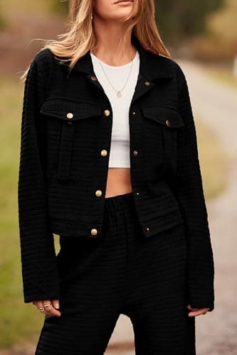 PRETTYGARDEN Womens Two Piece Sets Fall 2025 Long Sleeve Button Down Shacket Jacket Long Sweatpants Tracksuit Winter Clothes (Black,Large) - Image 5