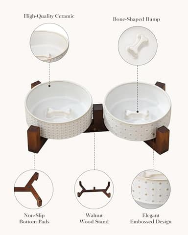 MALACASA Dog Bowl Set with Walnut Wood Stand, 1.5 Cups Ceramic Pet Bowls for Puppy Dogs, Dual Food and Water Bowls with Weighted Non-Slip Base, Basic Bowls for Your Dog or Cat, Rhombic & Polka Dots - Image 5