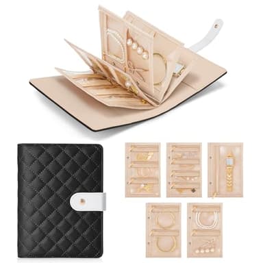 WOOMADA Travel Jewelry Organizer Case, Foldable Velvet Jewelry Storage Book with Clear Zipper Pouch for Rings, Necklaces, Earrings, Bracelets(Black) - Image 1