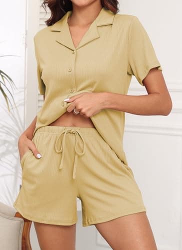 BEKOFO Women Ribbed Knit Pajamas Button Down Lounge Set 2 Pieces Pj Sets Loungewear Apricot S - Image 4