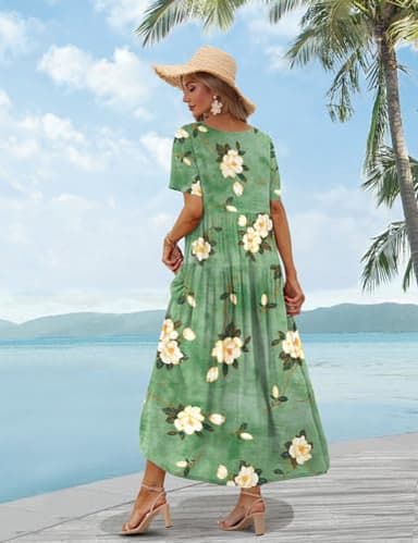 YESNO Women Casual Loose Bohemian Floral Dress with Pockets Short Sleeve Long Maxi Summer Beach Swing Dress S EJF CR19 - Image 4