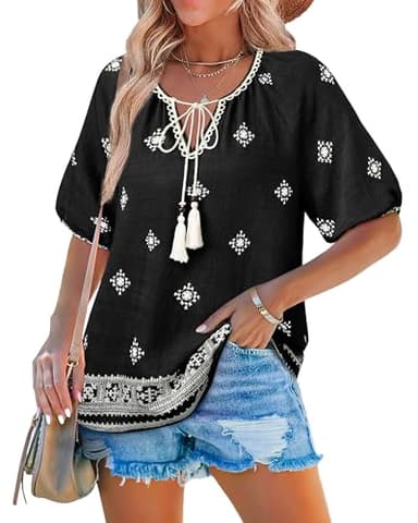 Vivilli Boho Tops for Women: Flowy Casual Top Peasant Blouses Floral Top Short Sleeve Shirts Summer Shirts Crochet V Neck Beach Vacation Clothes Bohemian Tops Hawaiian Outfits Women's Clothing Black L - Image 3