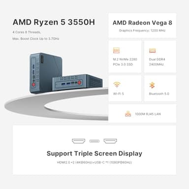 BOSGAME Mini PC Ryzen 5 3550H 11 Pro Mini Computers, 16GB DDR4 RAM 512GB PCIe SSD, Vega 8 Graphics Triple 4K 60Hz Displays, USB 3.2 x3, USB 2.0x1, HDMI x2, WiFi5 BT5.0 - Image 2