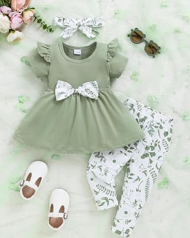 Doresbebe 18-24 Months Baby Girl Clothes Toddler Girl Outfits Floral Shirt Pants Infant Spring Summer Little Clothes Green - Image 2
