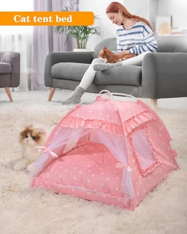 SEIMMIE Cat Princess Bed Tent House - Kitty Cute Tent Indoor,Small Dog House Indoor/Outdoor Cave Nest Bed Small Dog Tent for Cat,Puppy Tent (15.7"x15.7"x14.5"/Pink) - Image 2