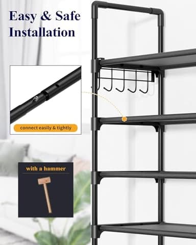 Kitsure Shoe Rack for Closet - 10-Tier Shoe Organizer with Hook Rack, Large-Capacity & Space-Saving Shoe Shelf for Entryway, Bedroom, Living Room,32.2" x 11.8" x 68.5", Black - Image 7