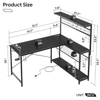 Bestier Gaming Desk 51" L-Shaped, with Power Outlets & LED Lights- 4 Tier Shelves, Reversible Gamer Table with Hooks & Cup Holder for Home Office Carbon Fiber Black - Image 2