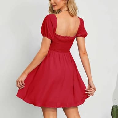 Byinns Women's Sweetheart Neckline Dress Smocked Sundress Puff Short Sleeve Drawstring Dresses Red - Image 3