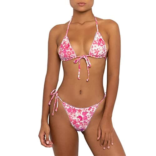 Bikinis Swimsuit Set for Women Swimwear Triangle Bathing Suit Tie String Thong (Medium, Floral red) - Image 1