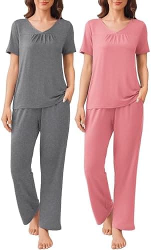 Ekouaer Pajama Sets for Women 2 Pack, Short Sleeve with Long Pant Pjs Sleepwear Comfy Lounge Sets with Pockets - Image 2