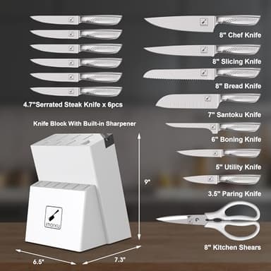 imarku Knife Set, Japanese HC Stainless Steel 15 PCS Kitchen Knife Set With Block With Built-in Sharpener, Razor-Sharp Blade Knife Block Set With Dotted Ergomomic Handle, Best Birthday Gifts, White - Image 2