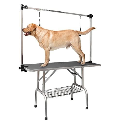 ROOMTEC 46" Dog Grooming Table,Foldable Home Pet Bathing Station with Adjustable Height Arm/Noose/Mesh Tray - Image 1