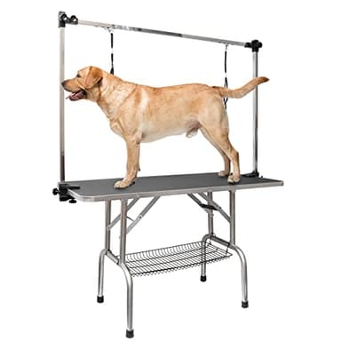 ROOMTEC 46" Dog Grooming Table,Foldable Home Pet Bathing Station with Adjustable Height Arm/Noose/Mesh Tray - Image 1