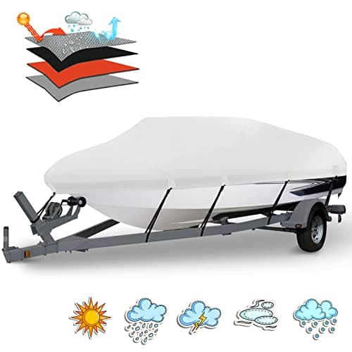 HAHASOLE Heavy Duty 1200D PU Waterproof Boat Cover, 20'- 22' Trailerable Marine Grade Polyester Canvas, Fits 20-22ft V-Hull, Runabout, Fishing Boat, Tri-Hull, Pro-Style Bass Boat with Tightening Strap - Image 1