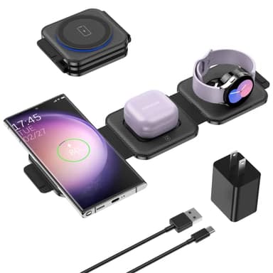 Travel Charger for Samsung Multi Devices, Foldable 3 in 1 Wireless Charging Station Fast Charging Stand/Pad Compatible for Samsung Galaxy S25/S24/S23/S22/S21/Note20 Galaxy Watch8/7/6/5/4/Galaxy Buds4 - Image 1