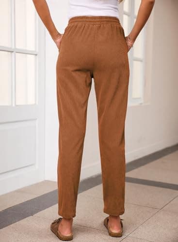 EVALESS Corduroy Pants for Women Casual Drawstring Elastic High Waist Straight Leg Harem Pants Fall Winter 2025 Loose Comfy Trousers with Pockets Orange Medium - Image 4