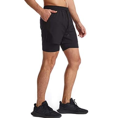 Surenow Mens 2 in 1 Running Shorts Quick Dry Athletic Shorts with Liner, Workout Shorts with Zip Pockets and Towel Loop Black - Image 6