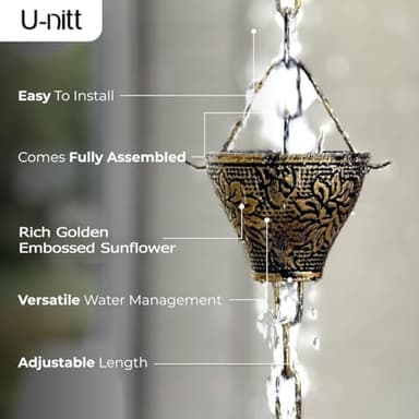 U-nitt Rain Chain Water Collection for Gutters, Rainwater Catcher & Diverter, 8.5 FT Chains for Outside Garden, Sunflower Cups, Roof Downspout, Works with Heavy Rain, w/Gutter Clip for Rainchains - Image 2