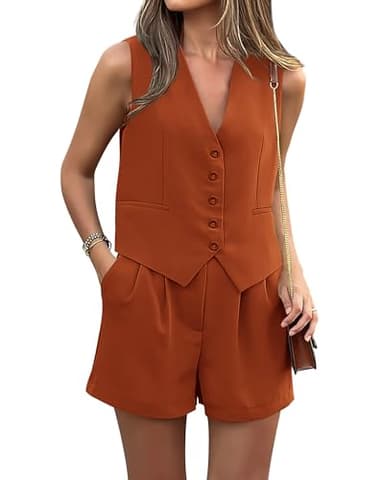 PRETTYGARDEN Women Summer 2 Piece Outfits V Neck Sleeveless Button Down Vest Shorts Sets Business Work Matching Set 2025(Orange,Large) - Image 1