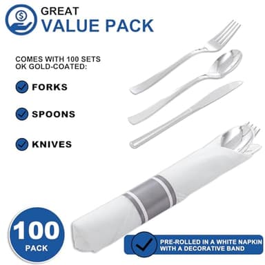 Joyido 400PCS Pre Rolled Silver Plastic Silverware Sets - Heavy Duty Silver Cutlery - Include 100 Pack Wrapped Disposable Utensils with Napkins for Parties & Dinners & Weddings - Image 6