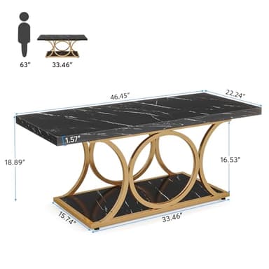 Tribesigns Rectangle Coffee Table, 47.24-inch Modern Coffee Tables for Living Room, 2-Tier Faux Marble Wood Coffee Table with Geometric Metal Legs, Furniture with Storage Shelf (Black & Gold) - Image 2