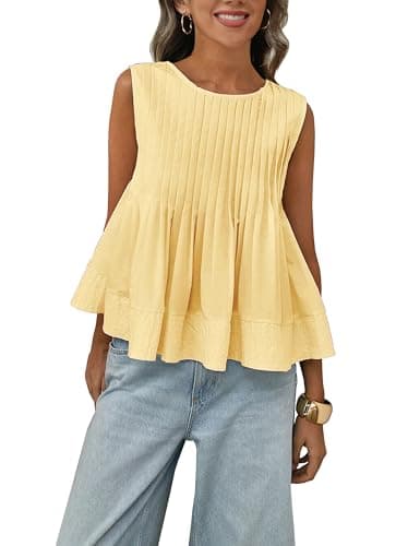 Megfie Womens Summer Pleated Peplum Sleeveless Blouse Tank Tops Round Neck Y2K Babydoll Blouse Shirt(0869-Yellow-S) - Image 1