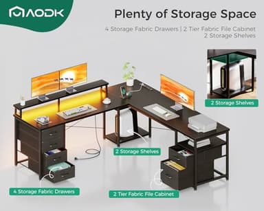 AODK 66" L Shaped Computer Desk, 113“ Reversible Home Office Desk with File Cabinet & 4 Fabric Drawers, Two Person Desk with LED Lights & Power Outlet, Corner Gaming Desk with Monitor Shelf, Black - Image 3