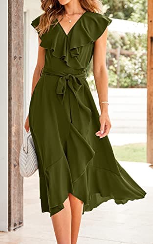 PRETTYGARDEN Women Summer Bohemian Slit Ruffle Beach Dresses Casual Wrap V Neck Tie Dress A-Line Swing Midi Sun Dress (Army Green,X-Large) - Image 5